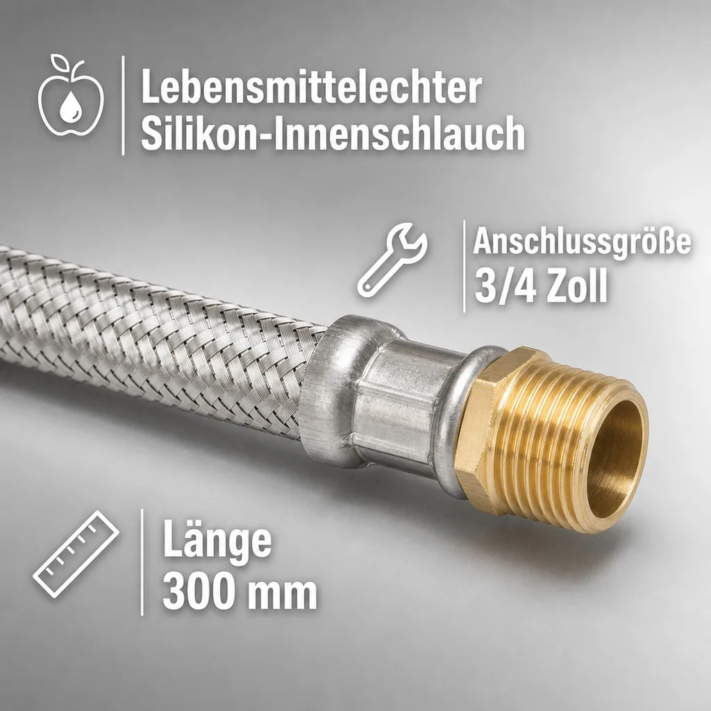 Panzerschlauch 3 4, DVGW, Edelstahl, Flexschlauch 300mm, Sanitäranschlussschlauch