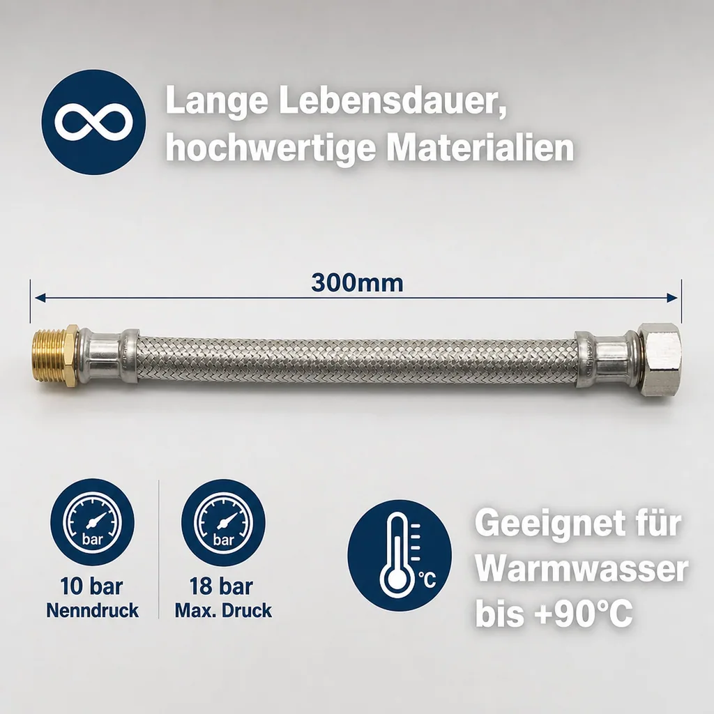Panzerschlauch 3 4, DVGW, Edelstahl, Flexschlauch 300mm, Sanitäranschlussschlauch