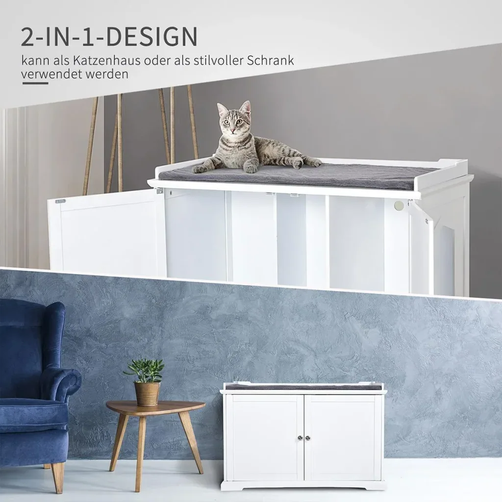 2in1 Katzentoilette mit Schublade und Deckel Weiß+Grau
