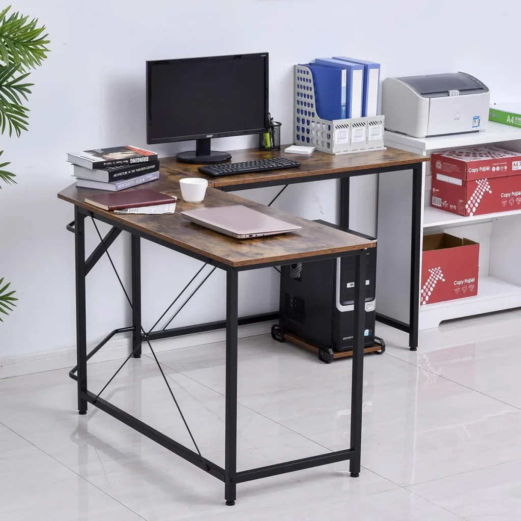 Computertisch, L-förmiger Eckschreibtisch, Schreibtisch, Bürotisch, E1 Spanplatte +Metall, Schwarz+Braun, 150 x 150 x 75