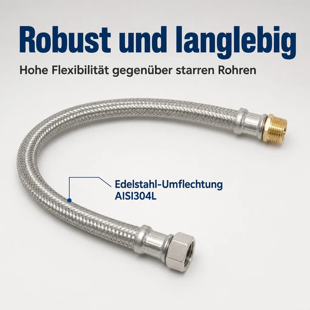 Panzerschlauch 1/2 Zoll, Edelstahl, Flexibel, 1000mm