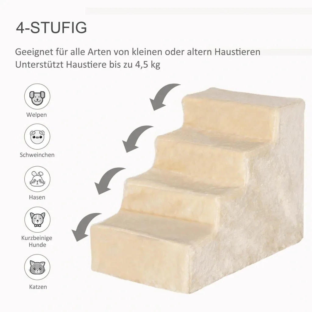 Haustiertreppe 4-stufige Hunderampe mit abnehmbarer Bezug Katzentreppe Hundetreppe Tiertreppe Spanplatte Plüsch Beige 60