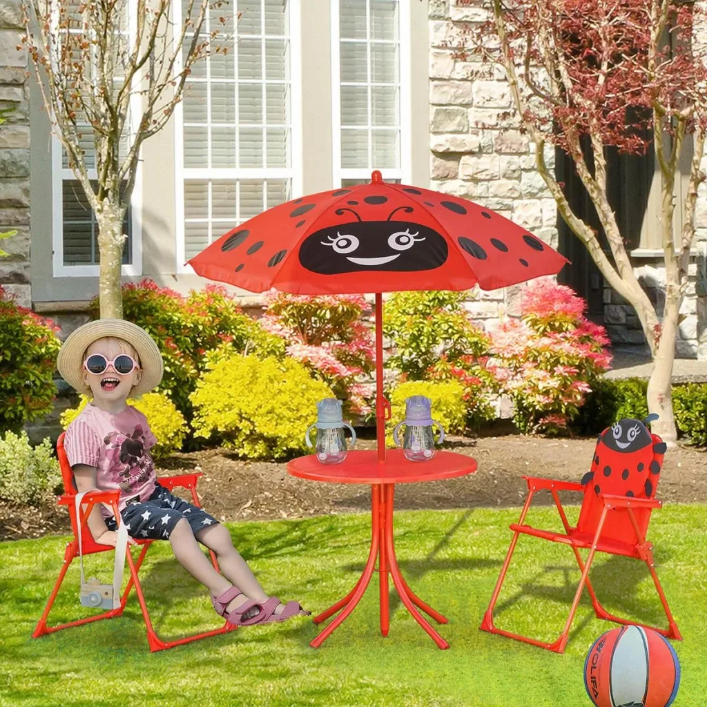 4tlg. Kindersitzgruppe Garten Gartentisch 2 Klappstühle Sonnenschirm Camping Kindersitzgarnitur Gartenmöbel für 3-5 Jahr
