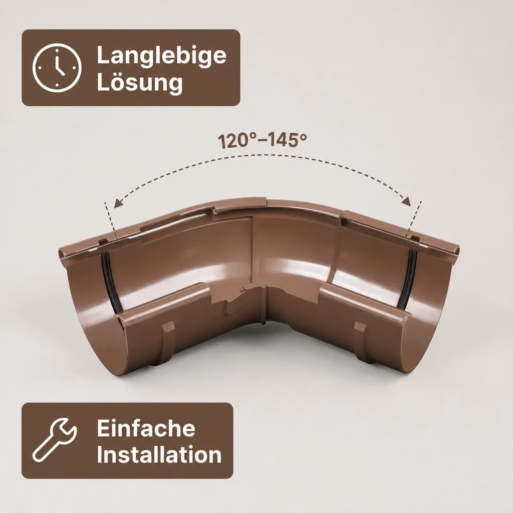 Dachrinne Außenecke, verstellbar 120°-145°, braun, System 75, PVC