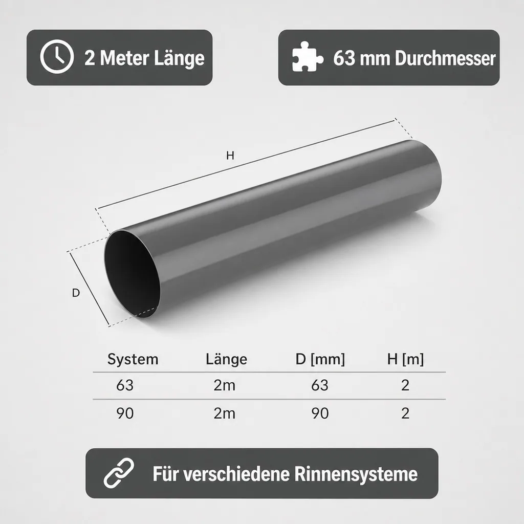Fallrohr 2m, Regenfallrohr, graphit, System 63