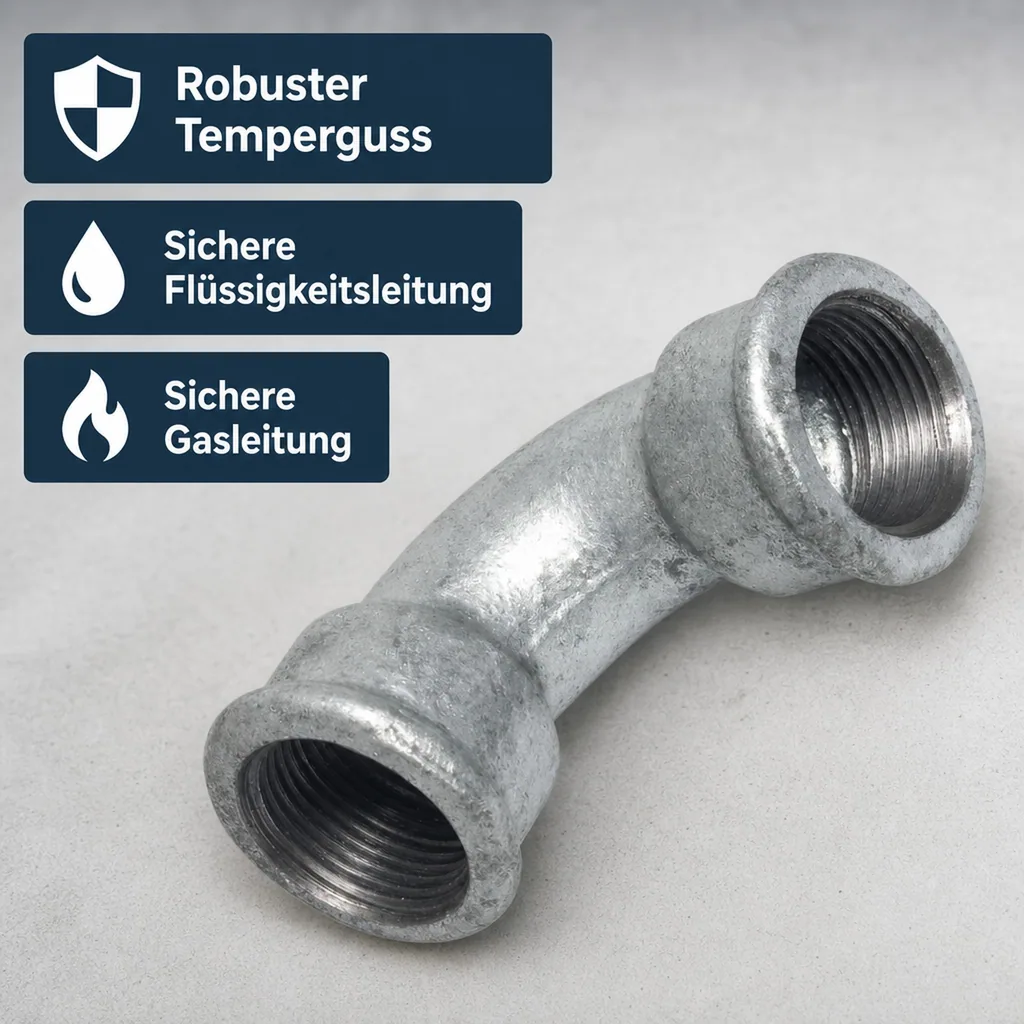 Gewindefitting, Tempergussfitting, Bogen 90° kurz, 2 Zoll IG x IG, verzinkt