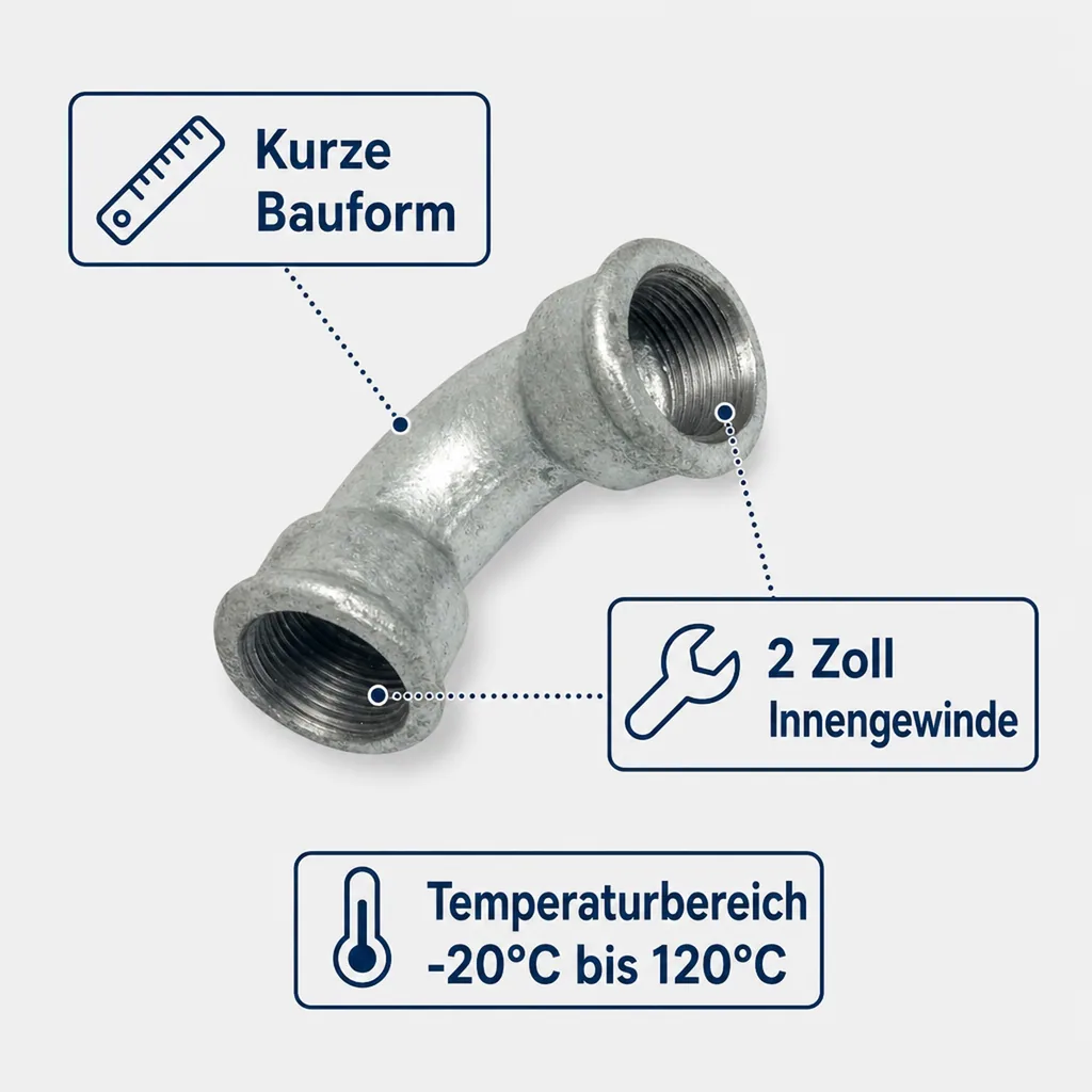 Gewindefitting, Tempergussfitting, Bogen 90° kurz, 2 Zoll IG x IG, verzinkt