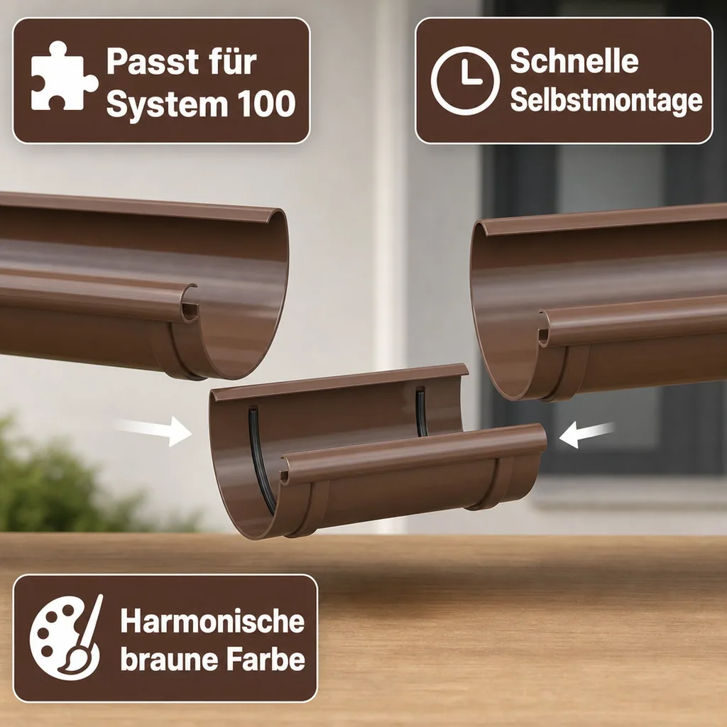 Rinnenverbindung braun System 100, Regenrinne, Dachrinne, Rinnenverbinder
