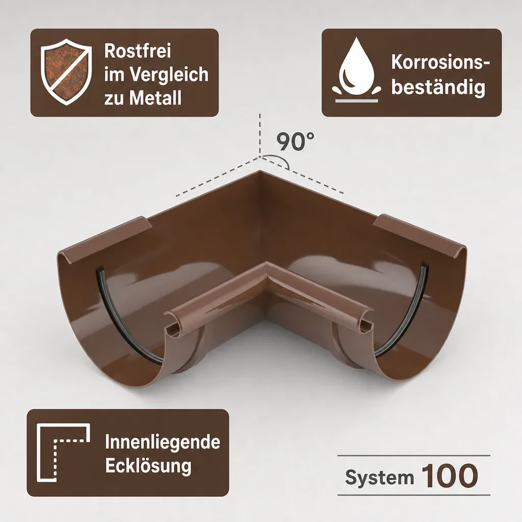 Regenrinne Eckstück braun, Dachrinnen Innenecke 90 Grad, System 100