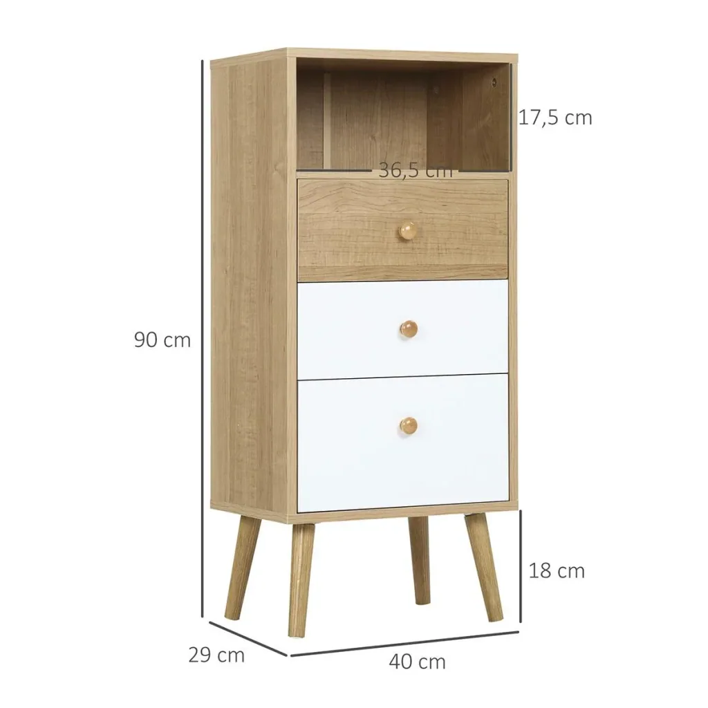 Sideboard Küchenschrank Kommode mit 1 offenen Fächern 3 Schubladen Skandi-Design Natur+Weiß 40 x 29 x 90 cm