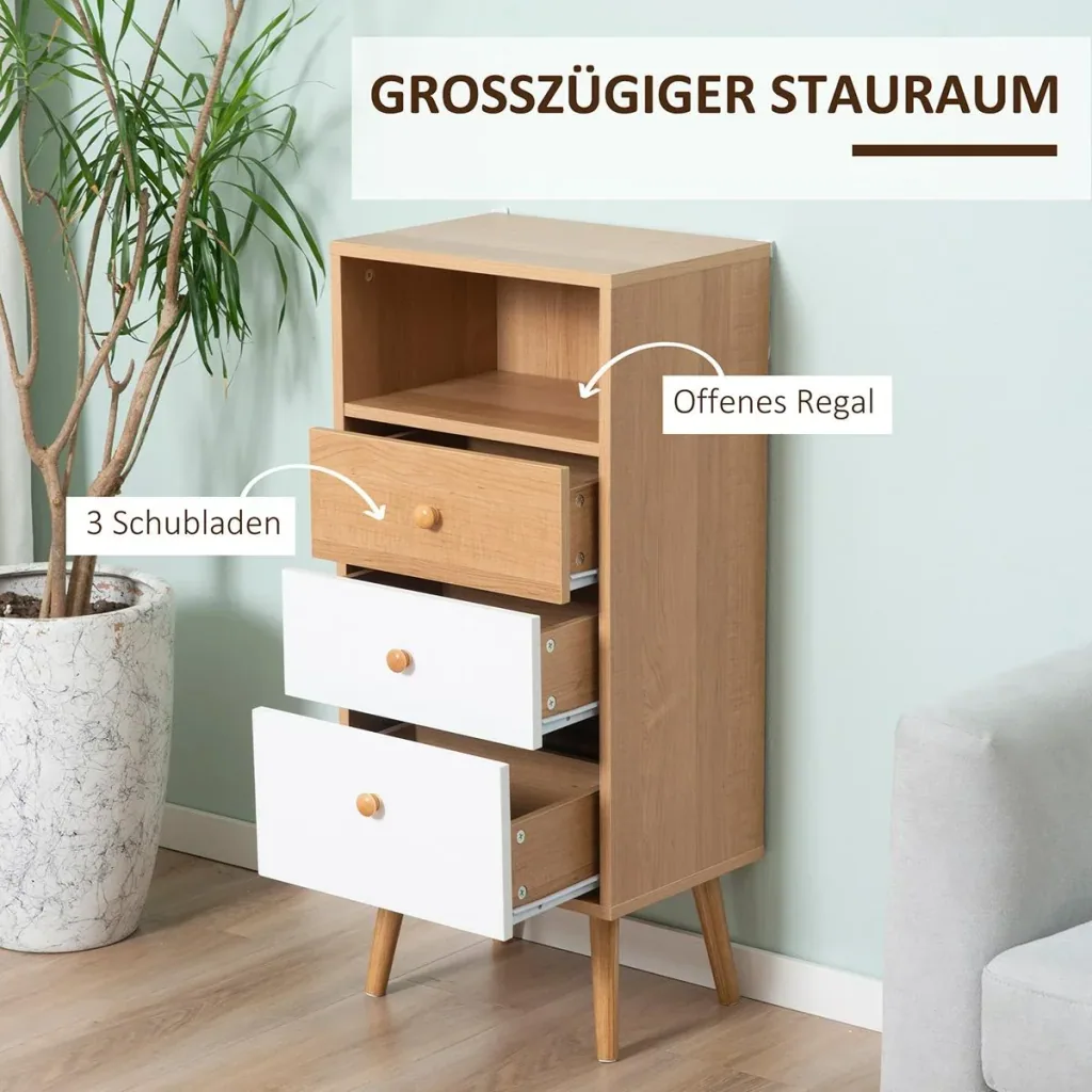 Sideboard Küchenschrank Kommode mit 1 offenen Fächern 3 Schubladen Skandi-Design Natur+Weiß 40 x 29 x 90 cm