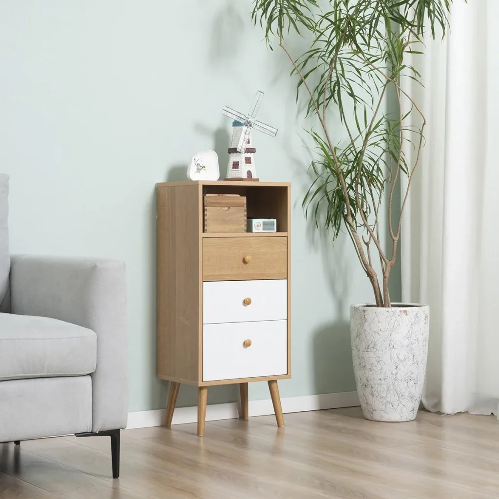 Sideboard Küchenschrank Kommode mit 1 offenen Fächern 3 Schubladen Skandi-Design Natur+Weiß 40 x 29 x 90 cm
