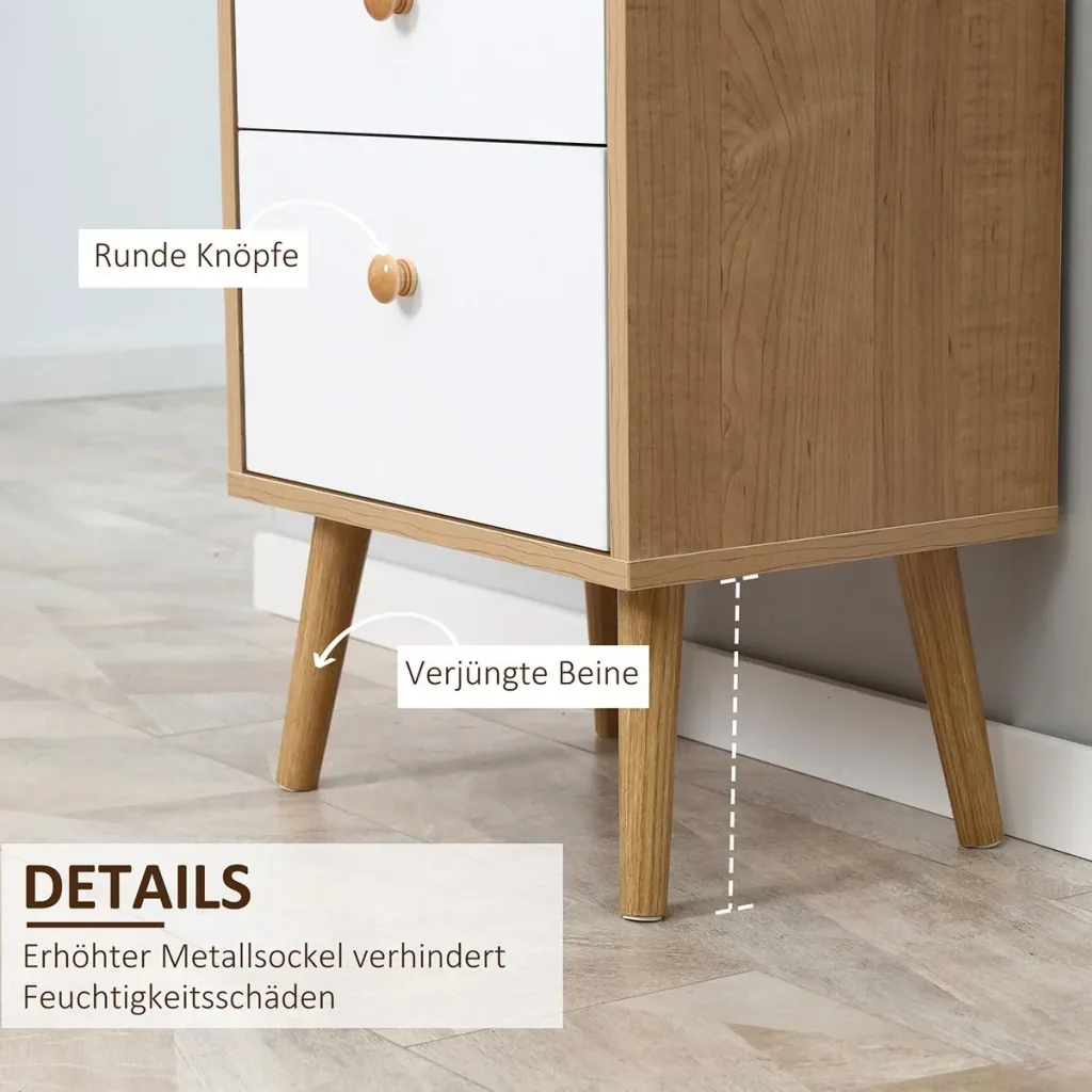 Sideboard Küchenschrank Kommode mit 1 offenen Fächern 3 Schubladen Skandi-Design Natur+Weiß 40 x 29 x 90 cm