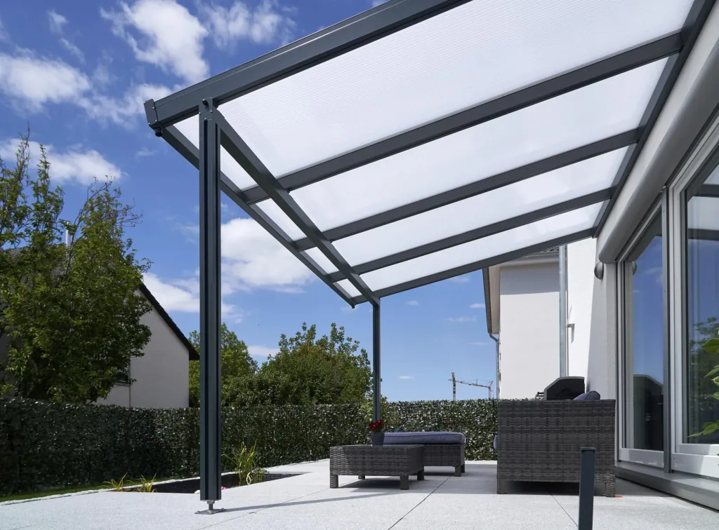 Terrassendach Premium, anthrazit, 4102 x 4060 mm - Polycarbonat Stegplatten 16 mm, opal