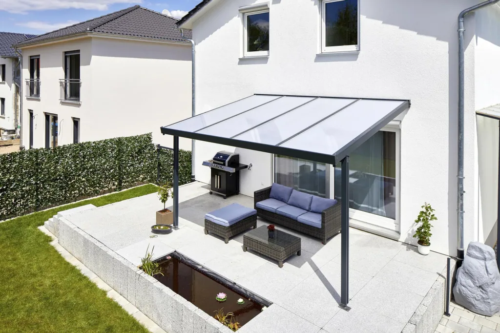 Terrassendach Premium, anthrazit, 4102 x 4060 mm - Polycarbonat Stegplatten 16 mm, opal