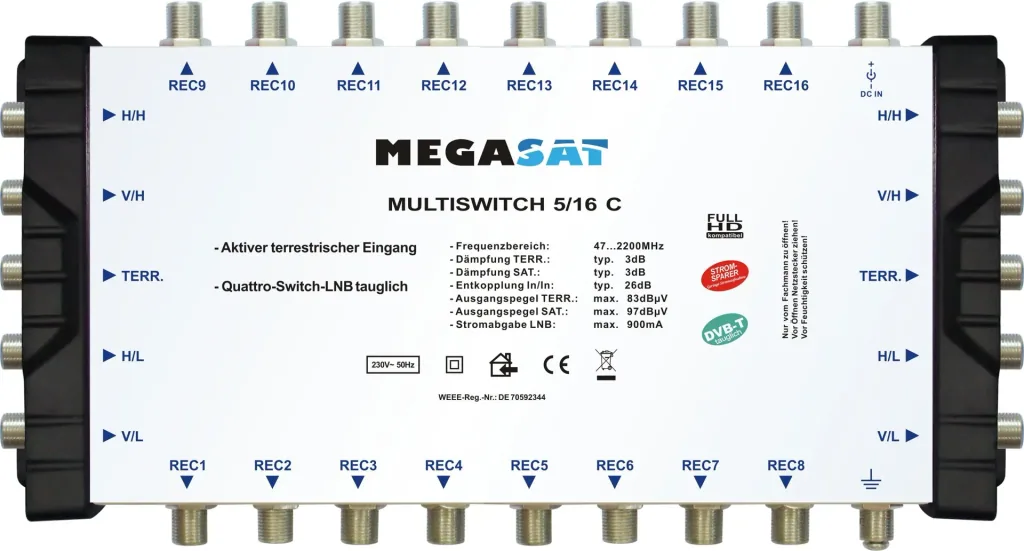 Multischalter 5/16 C - Erweiterbares System. Geeignet für 1 Satellit bis zu 16 Teilnehmer pro Multischalter