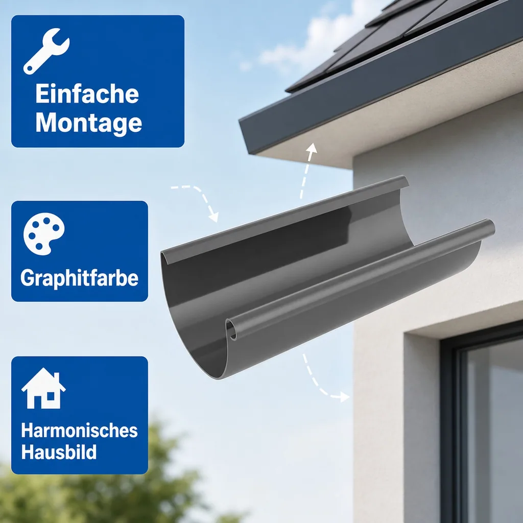 Regenrinne 2m graphit, Dachrinnensystem, Kunststoff Regenrinne, System 125