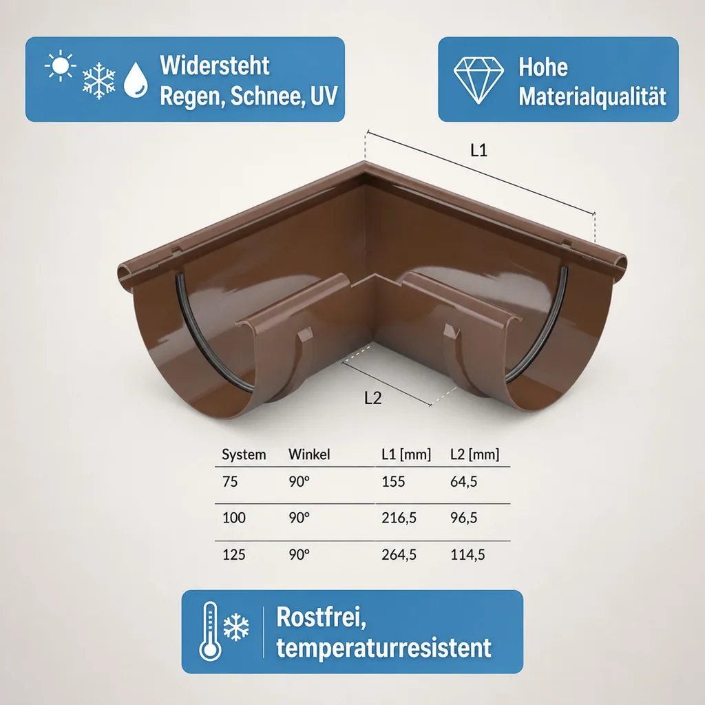 Regenrinne Eckstück, Aussen 90°, braun, System 125