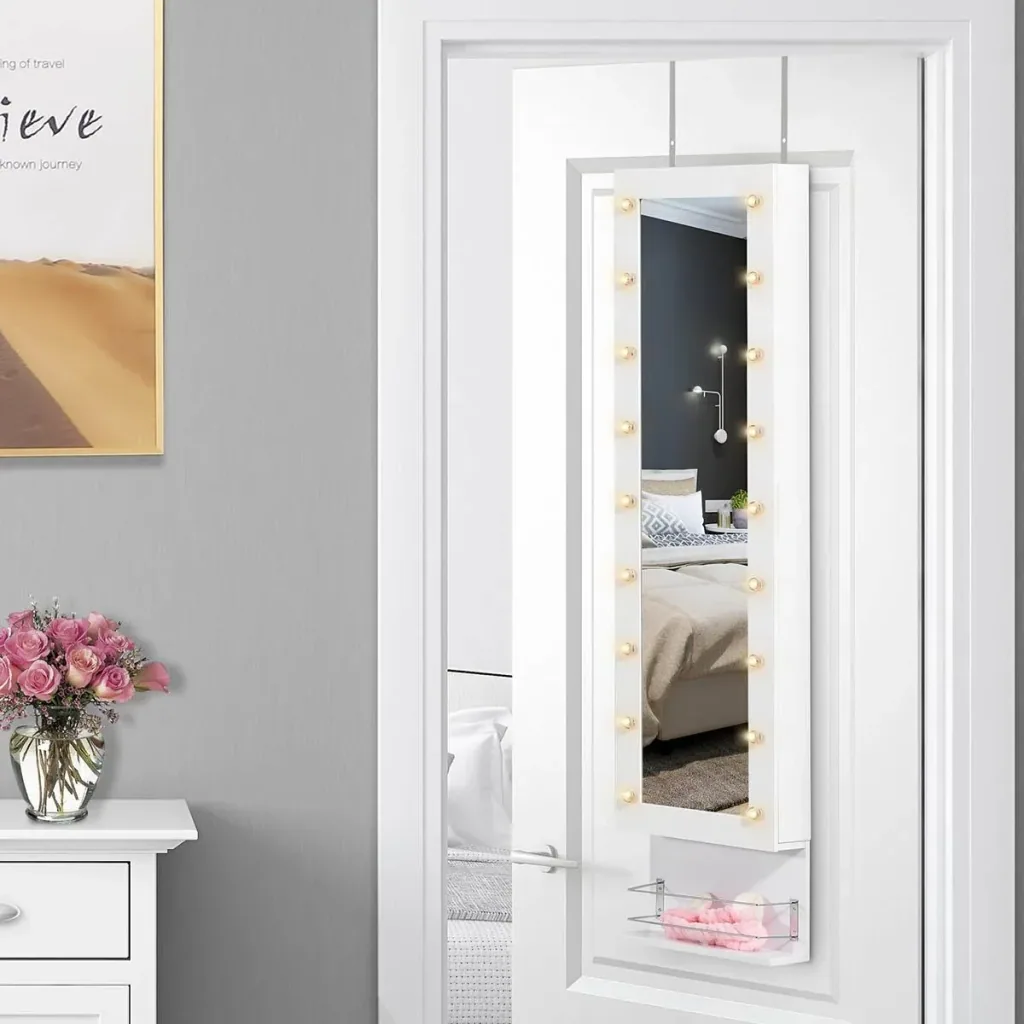 Hängender Schmuckschrank mit LED Spiegelschrank mit Schublade Regal Wandspiegel Türspiegel höhenverstellbar Weiß 130 cm