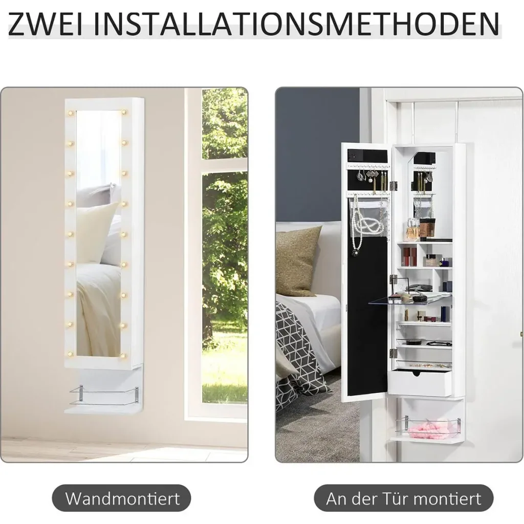 Hängender Schmuckschrank mit LED Spiegelschrank mit Schublade Regal Wandspiegel Türspiegel höhenverstellbar Weiß 130 cm