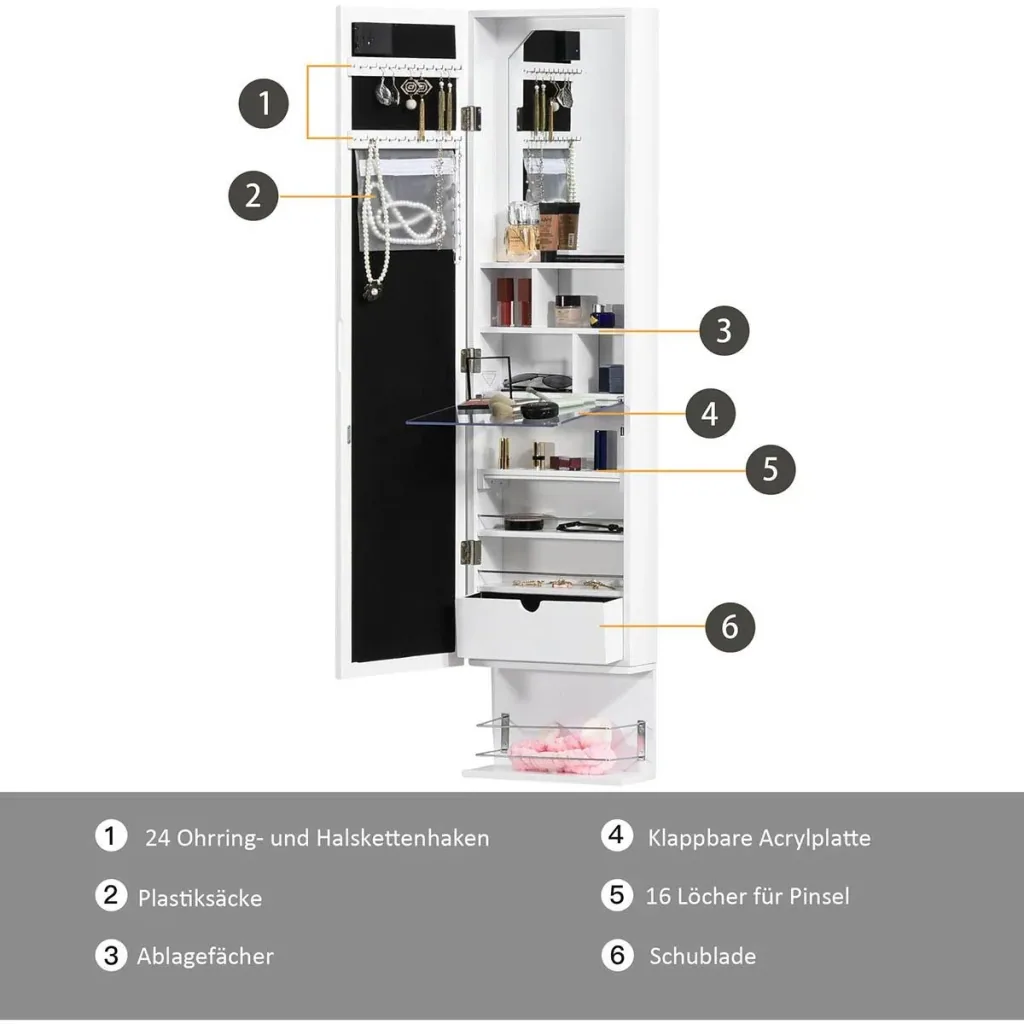 Hängender Schmuckschrank mit LED Spiegelschrank mit Schublade Regal Wandspiegel Türspiegel höhenverstellbar Weiß 130 cm
