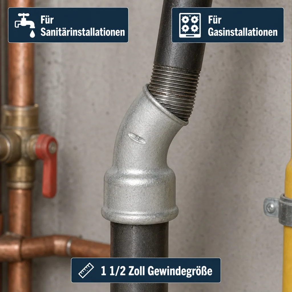 Gewindefitting Temperguss Bogen 45° 1 1/2 Zoll
