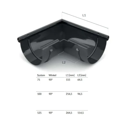 Regenrinne Eckstück Graphit 90° außen, System 125, Dachrinne
