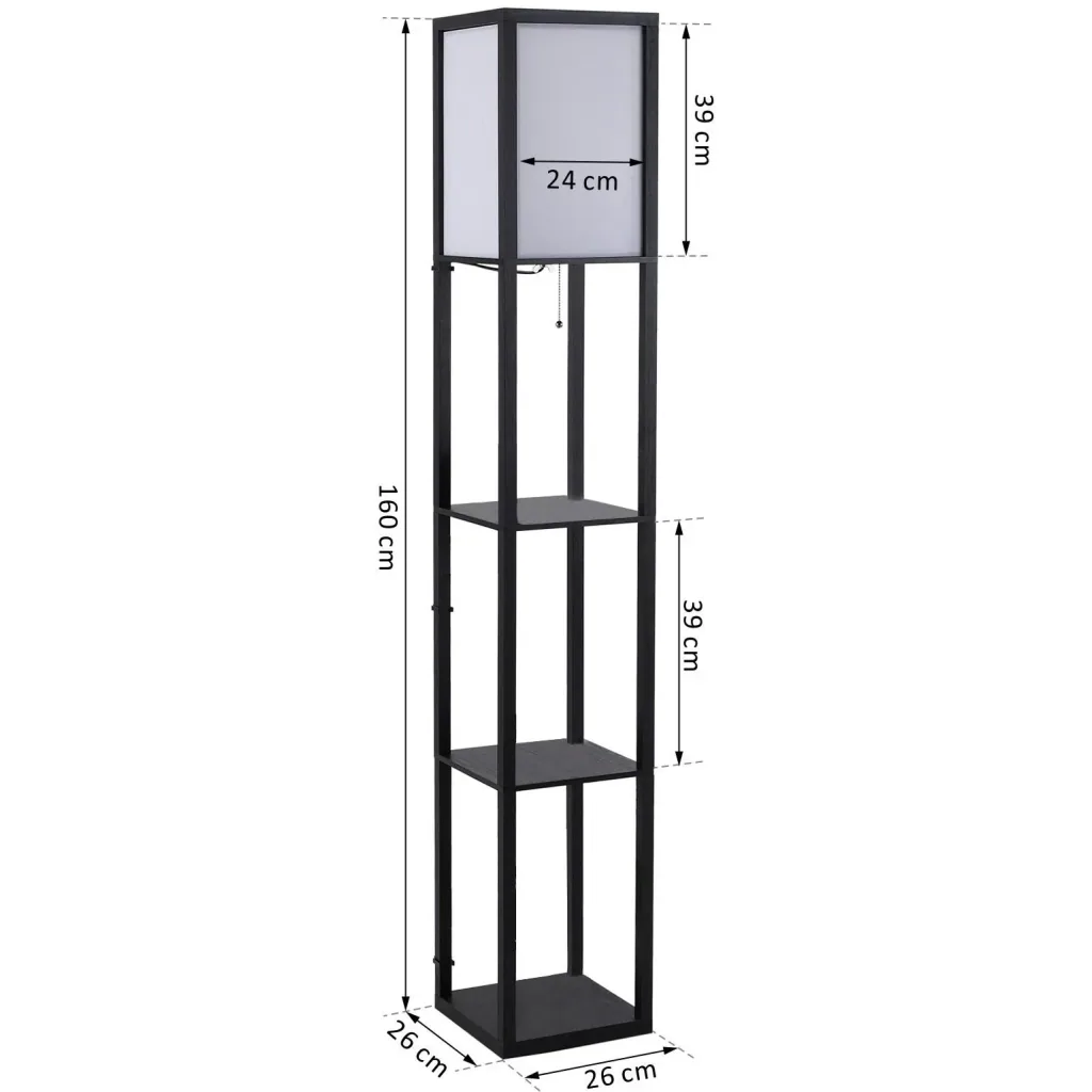 Stehleuchte mit Regalen Innenbeleuchte Stehlampe E27 bis 40W Holz Schwarz 26 x 26 x 160 cm