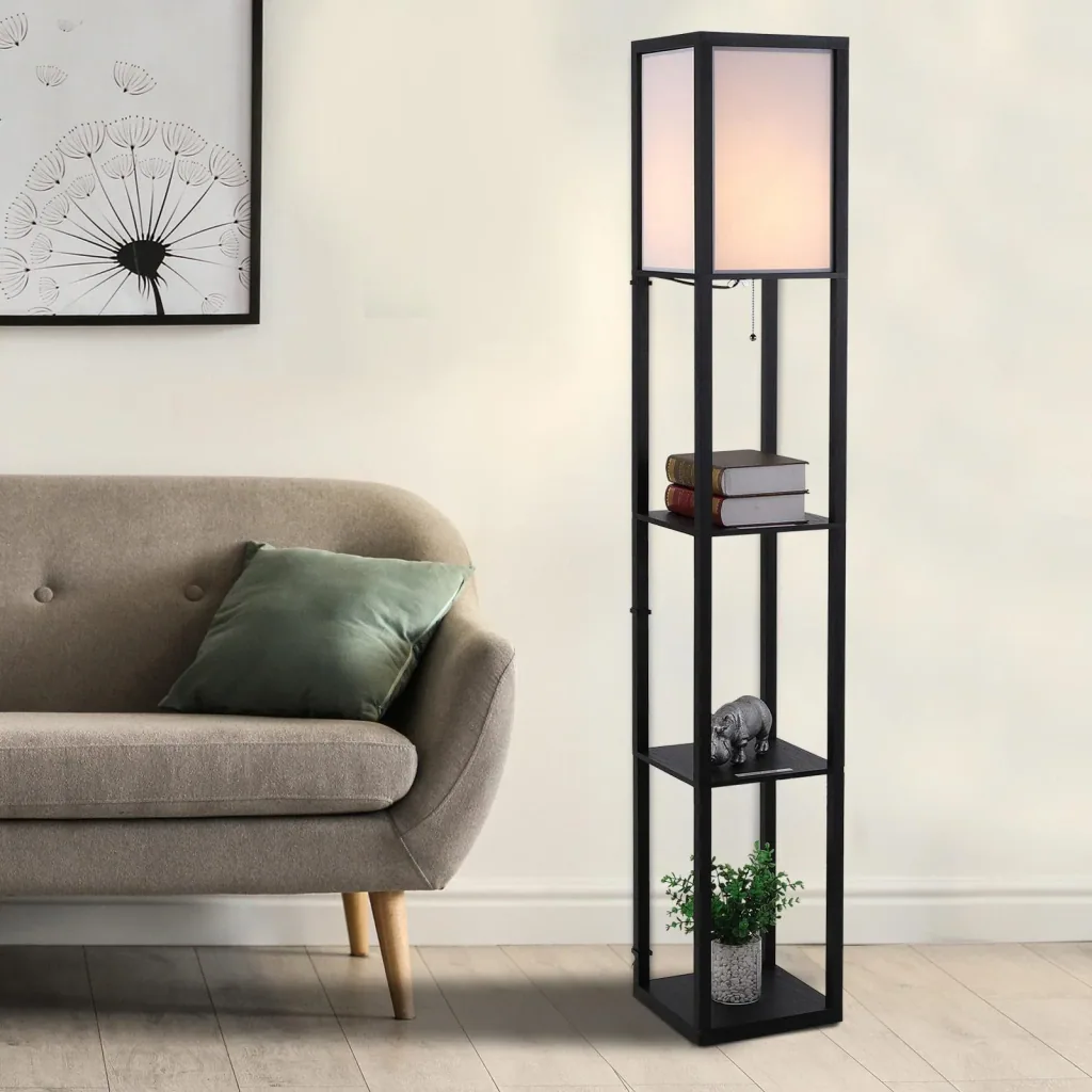 Stehleuchte mit Regalen Innenbeleuchte Stehlampe E27 bis 40W Holz Schwarz 26 x 26 x 160 cm