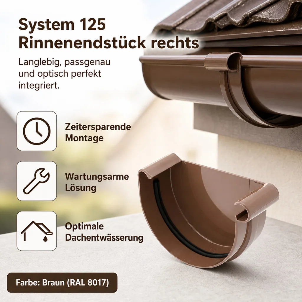 Regenrinne, Rinnenkappe rechts braun, System 125