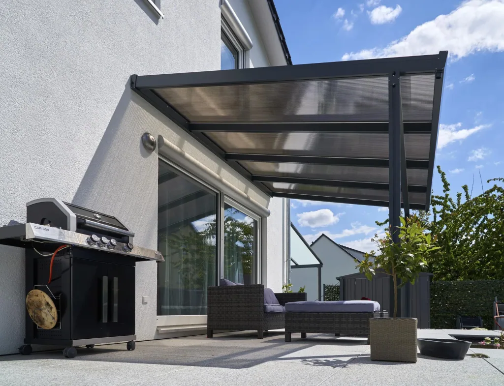 Terrassendach Premium, anthrazit, 4102 x 4060 mm - Polycarbonat Stegplatten 16 mm, bronze
