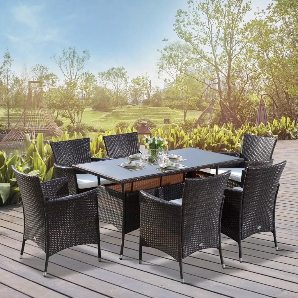 7 tlg. Polyrattan Gartenmöbel Rattan Gartenset Sitzgruppe Garnitur Essgruppe inkl. Kissen 6 Personen Braun+Creamweiß 150