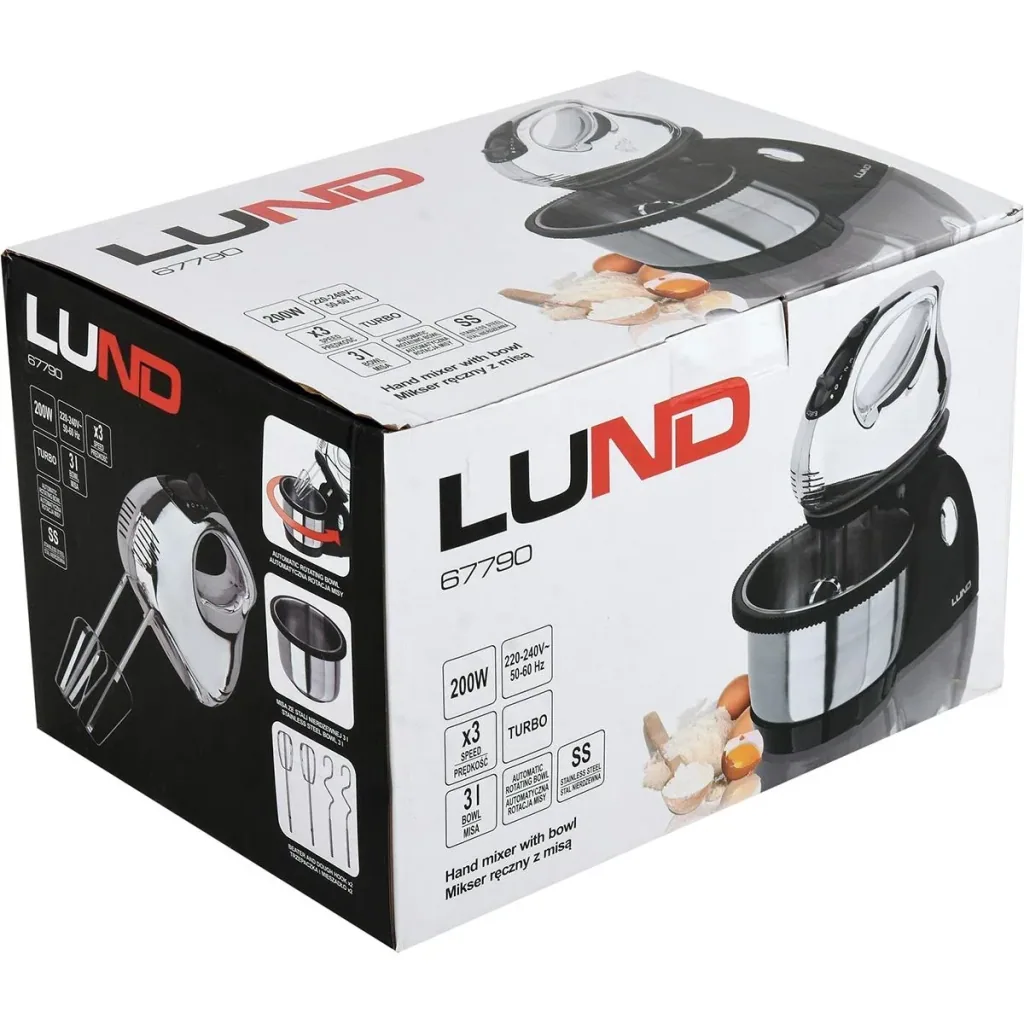 LUND Handmixer mit Edelstahlschüssel - 3 Geschwindigkeitsstufen - Schüsselinhalt: 3L - 250W