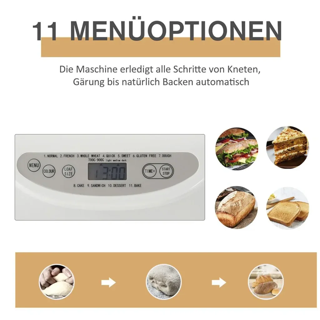 Brotbackautomat mit 11 Backprogrammen 3 Backfarben und 2 Brotgrößen 500W Edelstahl Weiß 29,6 x 23,3 x 29,2H cm