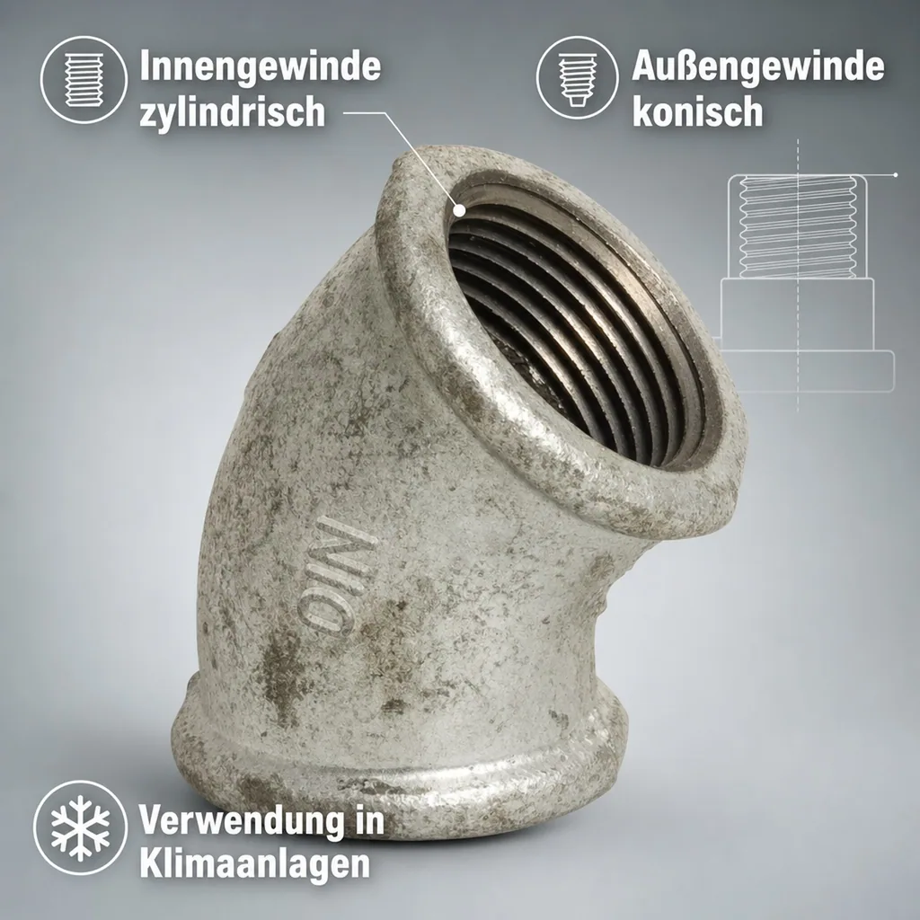 Gewindefitting Temperguss Winkel 45° 1/2" IG x 1/2" IG