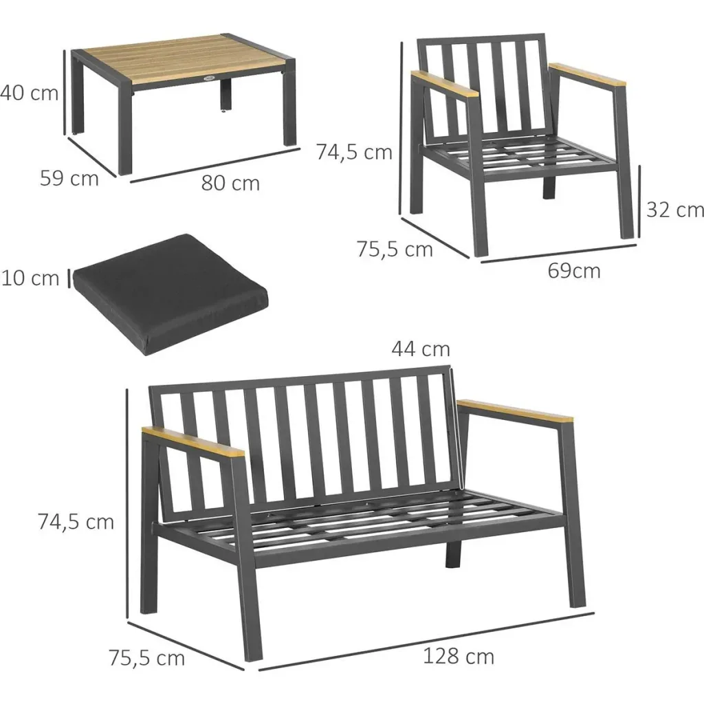 4-teiliges Gartenmöbel-Set inkl. Sofa, Gartenstühle und Beistelltisch Aluminium schwarz