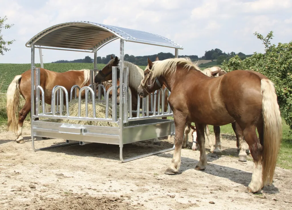 Viereckraufe mit Palisadenfressgitter, für Rinder und Pferde
