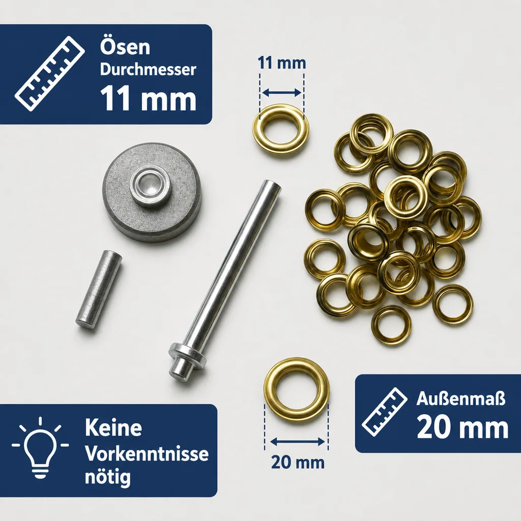 Ösen Set mit Stanzwerkzeug, 11mm, 15-teilig
