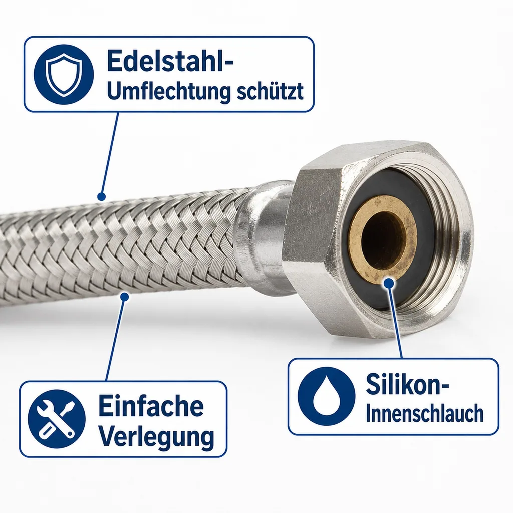 Panzerschlauch, Edelstahl, Flexschlauch, 1/2" x 3/4", 2000 mm, DVGW