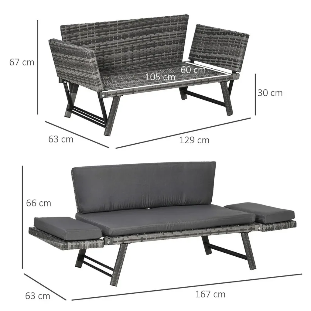 Poly Rattan Gartenbank 2 Sitzer Gartenmöbel Lounge Sofa Klappbare Armlehnen Stahl Grau 129 x 66 x 67 cm