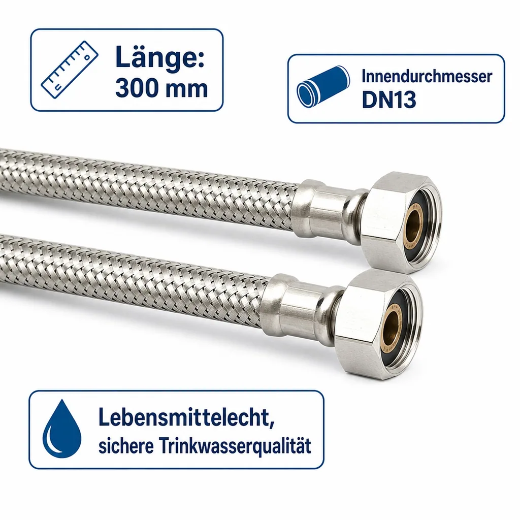 Panzerschlauch 1/2 Zoll, Edelstahl, Flexschlauch, DVGW