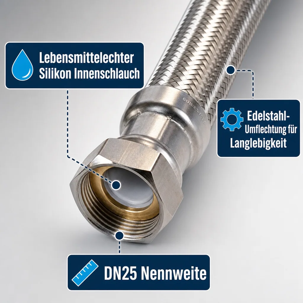 Panzerschlauch DN25, Edelstahl, Flexschlauch 1 Zoll, 800 mm, DVGW