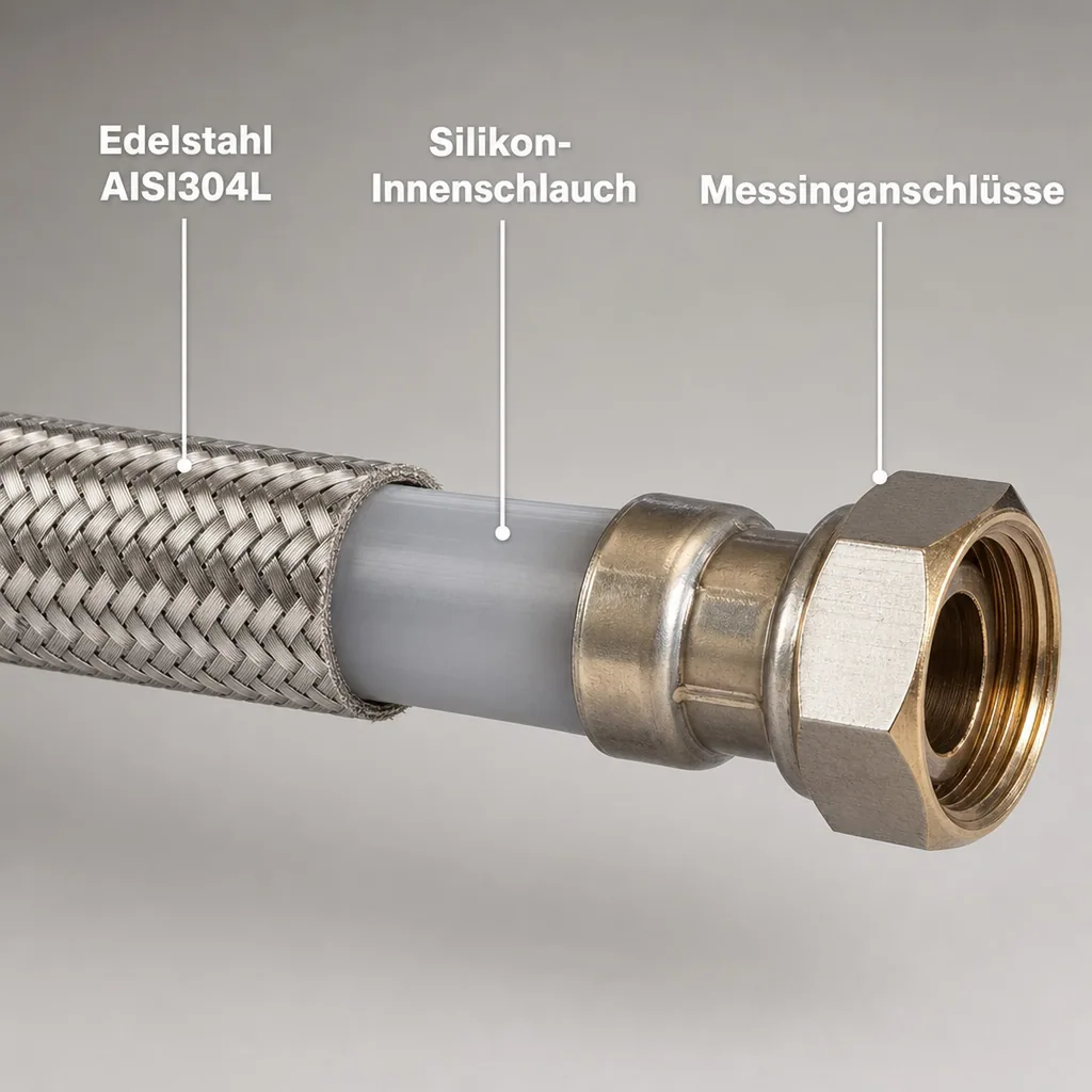 Panzerschlauch DN25, Edelstahl, flexibel, 1000mm, DVGW, Trinkwasser