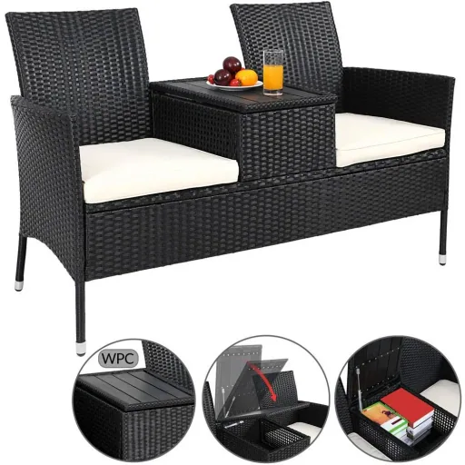 Gartenbank/ Love Bench mit Box/ Tisch mit Sitzpolstern 143x64x88cm - Schwarz