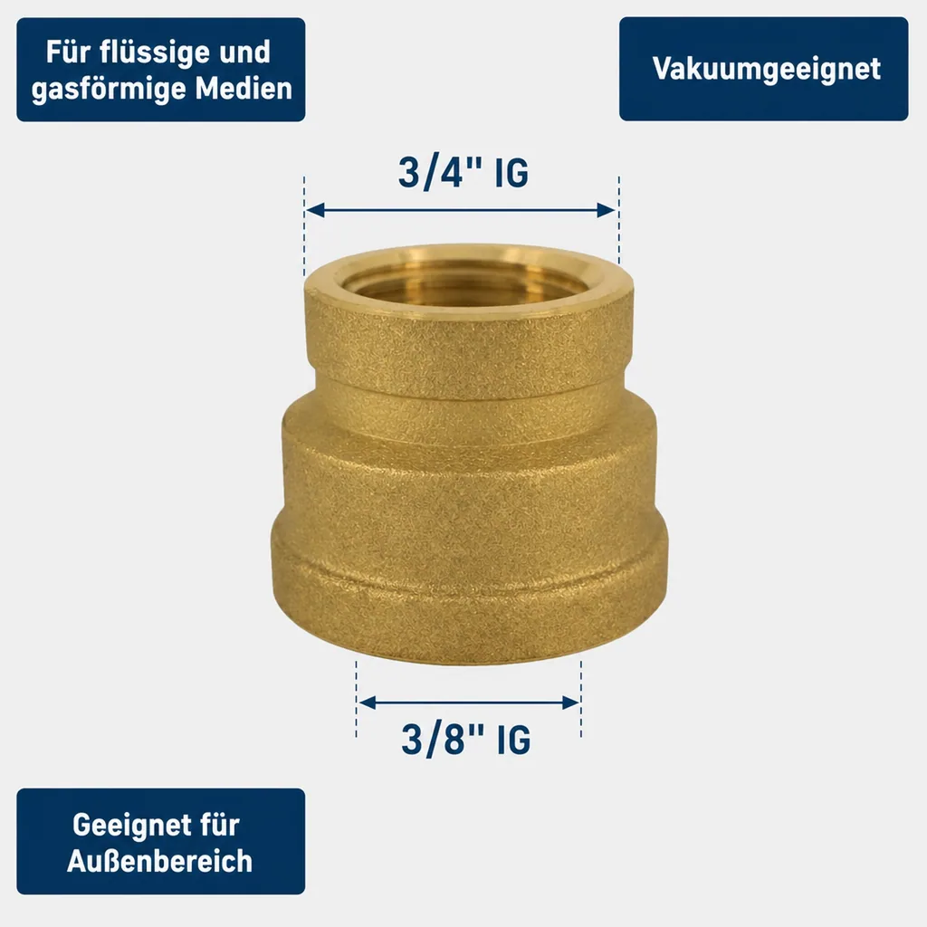 Messing Muffe reduziert, Gewindefitting, 3/4" IG x 3/8" IG Boni-Shop