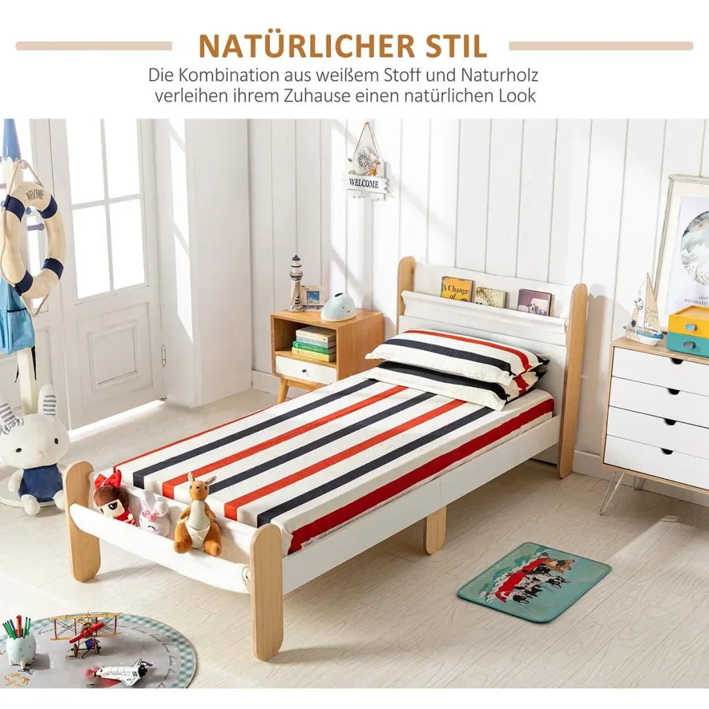 Kinderbett mit Betttasche Spielzeugtasche für 3+ Jahre Holzbett für Mädchen und Junge Kinderzimmer Holz Weiß+Natur 229 x