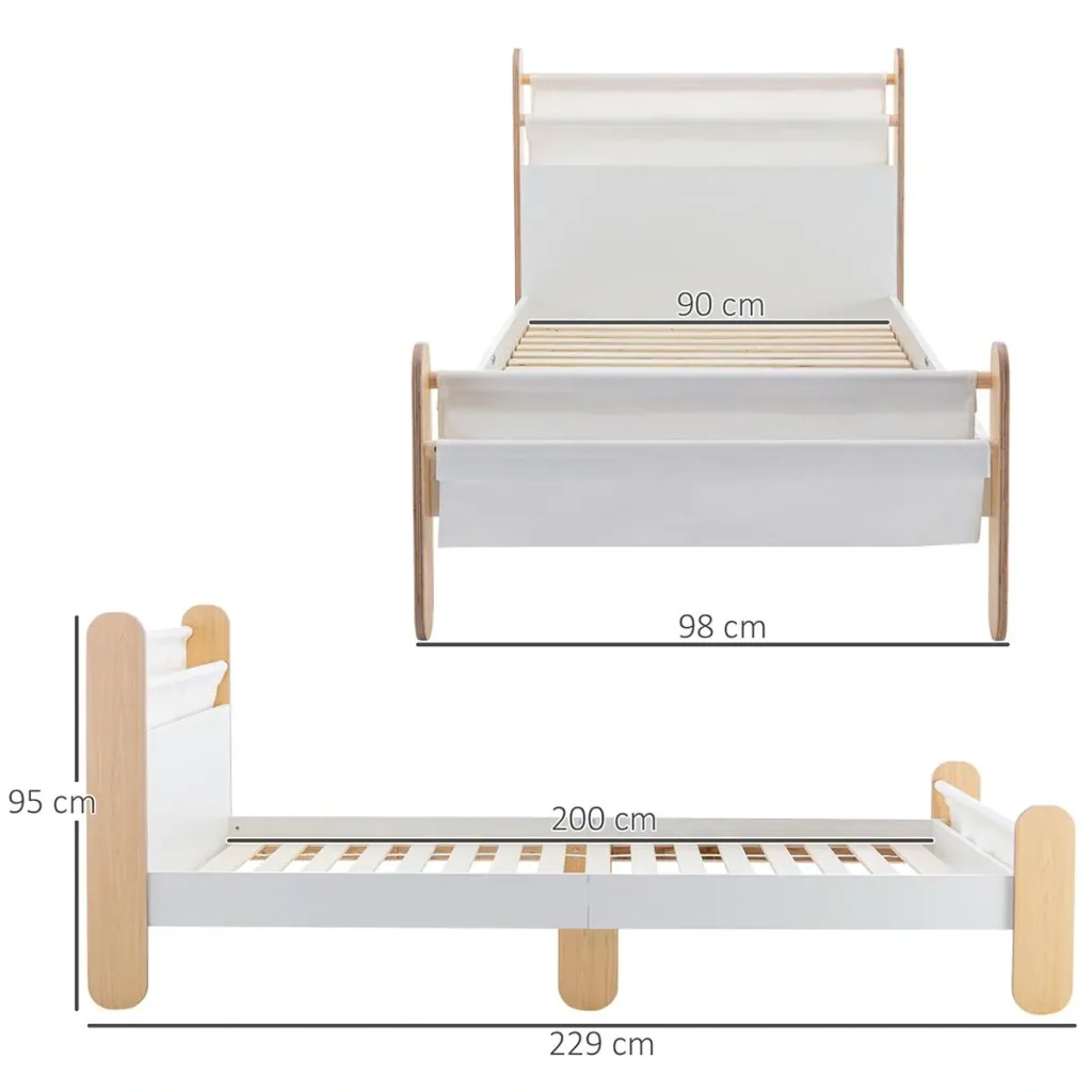 Kinderbett mit Betttasche Spielzeugtasche für 3+ Jahre Holzbett für Mädchen und Junge Kinderzimmer Holz Weiß+Natur 229 x