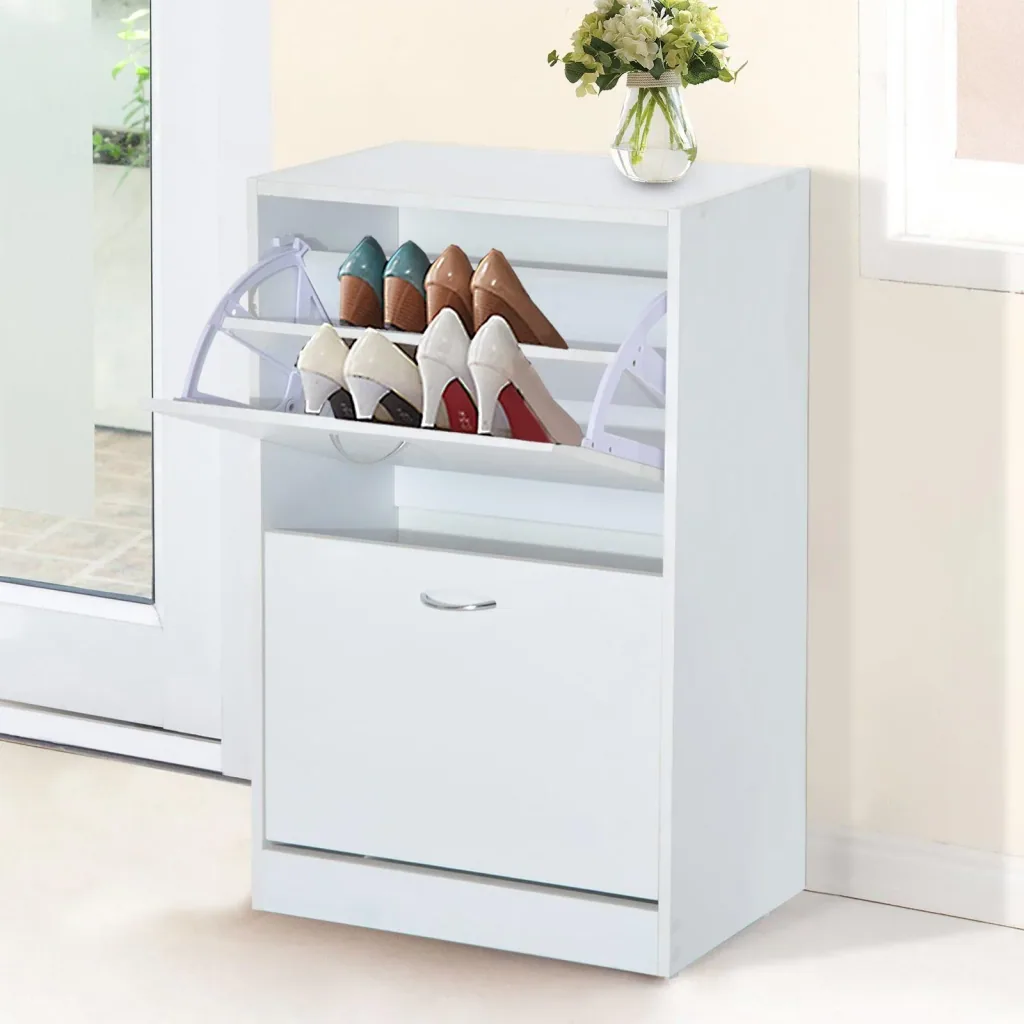 Schuhschrank Schuhkipper mit 2 Klappen 10 12 Paar Spannplatte Weiß 60 x 24 x 80 cm