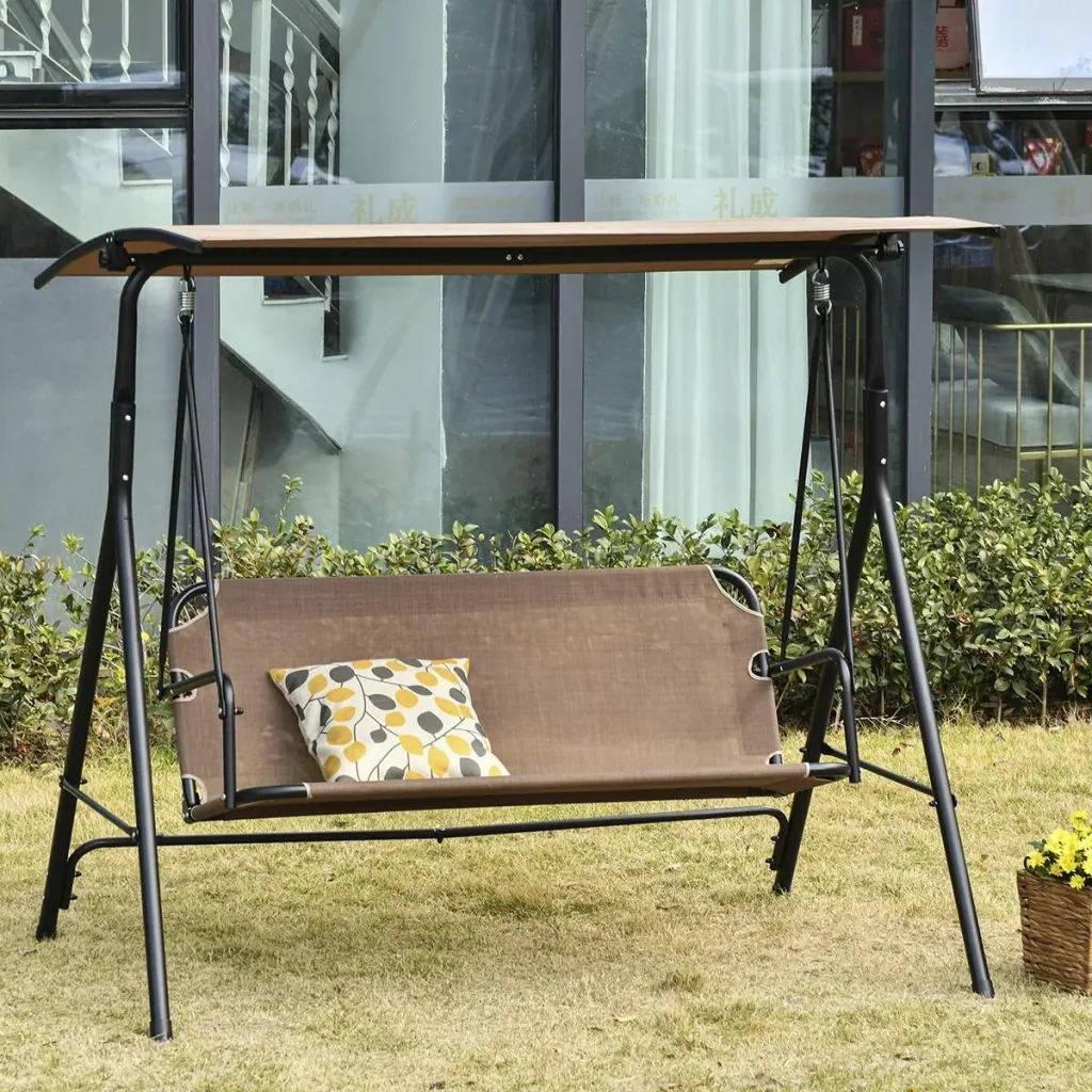 2-Sitzer Hollywoodschaukel Schaukelstuhl Outdoor Gartenliege UV-beständig Hochwertiges Metallrohr winkeleinstellbar Brau