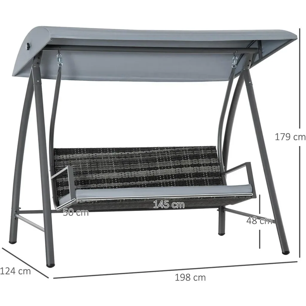 Hollywood Schaukelsofa mit Sonnendach für 3 Personen, Grau, Rattan, 198 x 124 x 179 cm